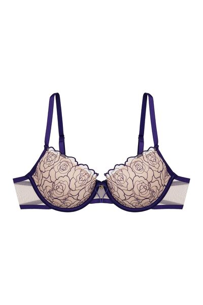 ESOTIQ Sutien push-up cu armătură, cu plasă, broderie cu trandafiri și volane...