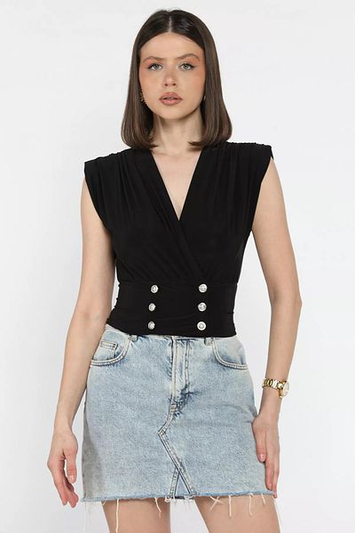 GÜLSELİ Black Women's Double Breasted Collar Button Detailed Pleated Blouse