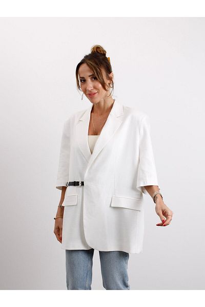 Maldia Shop Women's Double Breasted Collar Belted White Linen Jacket