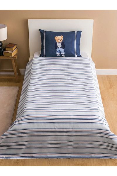 LC Waikiki Lcw Home Navy Blue Bear Teddy Printed Single Pique Set