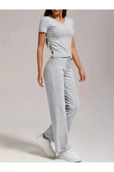 LASVES Women's Gray Comfortable Fit Loose Track Pants # Sweatshirt