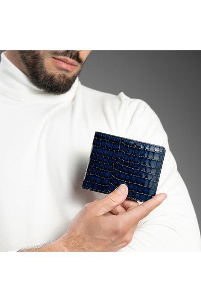 GT Collection , Men's Croc-Print Wallet - Blue Genuine Leather Size: 11cm x 8.8cm x 0.9cm