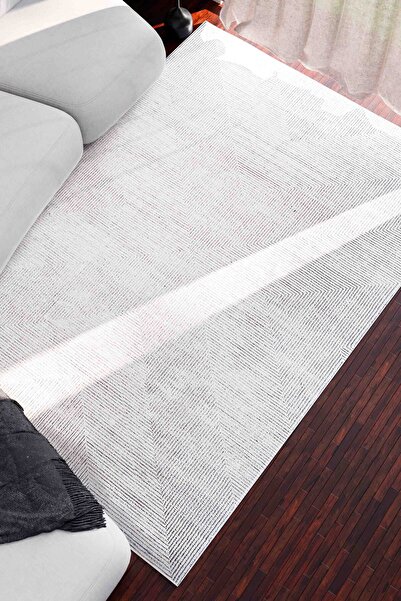 Serente Home Abstract Line Patterned Washable Non-Slip Base Chenille Gray Living Room Carpet 4169
