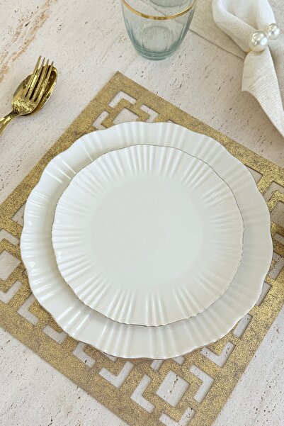 porselenden Aura Gold 24 Parça 6 Kişilik Premium Porselen Özel Misafir Kırık Beyaz Yemek Takımı