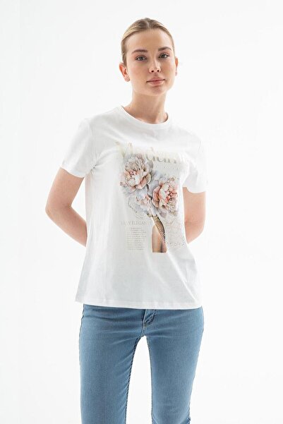 Nazen Giyim Flower printed white women's t-shirt 0085-2y5