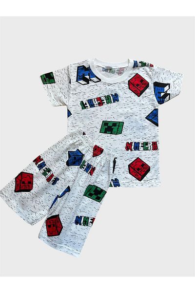 ALİŞ KİDS Set de pijamale de vară pentru băiat, din bumbac, alb, cu model geometric, cu mâneci scurte