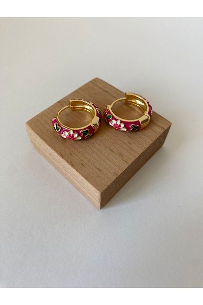 marsel aksesuar Pink Enamel Flower Pattern Hoop Earrings