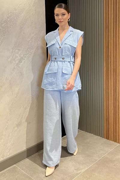GÜLSELİ Blue Women's Waist Belted Vest Trousers Double Set