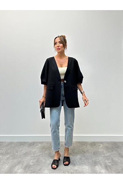 Maldia Shop Γυναικείο λινό μπουφάν με μαύρο μπαλόνι χωρίς επένδυση