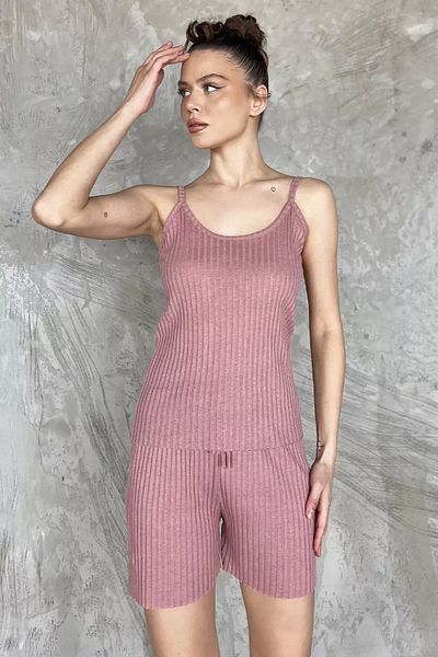 GÜLSELİ Dried Rose Women's Double Set with Self-Stripe Patterned Shorts