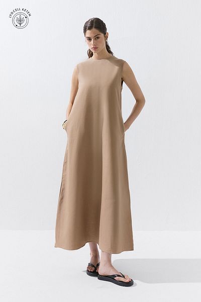 Hooopstore Φόρεμα Lyocell Linen Zero Sleeve Milk Coffee