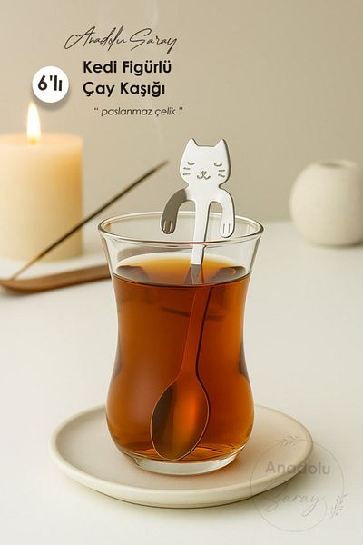 Anadolu Saray Stainless Steel Teaspoon with 6 Cat Figures That Can Be Hanged on the Brim of the Cup, Ideal for Stylish Presentation