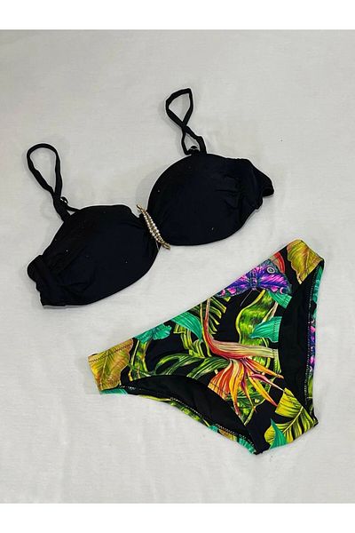 hazelin Women's Black Stone Embroidered Buckle Accessory Lined Bikini Suit Hzl25S-Lc208