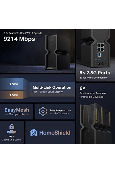 TP-LINK Archer BE550 Wi-Fi 7 Tri-Band Router (9.2 Gbps, USB 3.0, 6 Smart Antennas) - Black