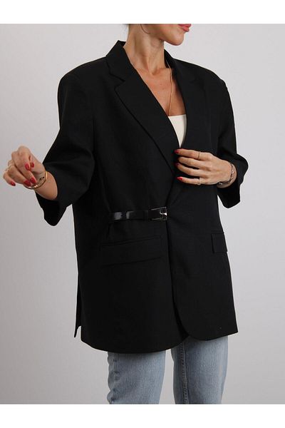 Maldia Shop Women's Double Breasted Collar Belted Black Linen Jacket
