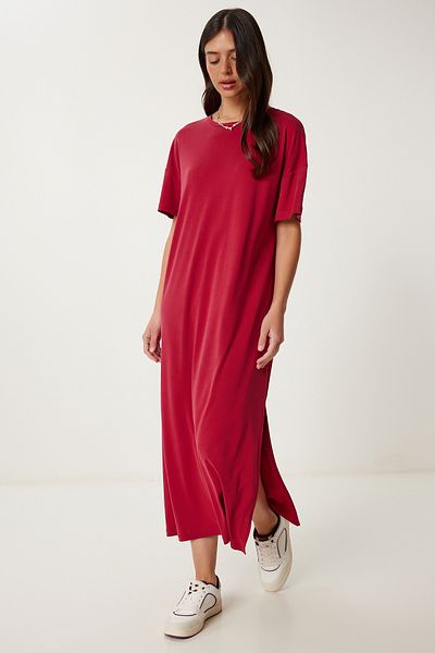 Lovelyİstanbul Oversize Basic Summer Knitted Dress Claret Red Lub0082