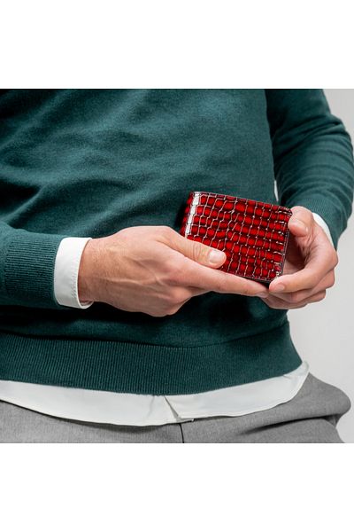 GT Collection , Men's Croc-Print Wallet - Red Genuine Leather Size: 11cm x 8.8cm x 0.9cm
