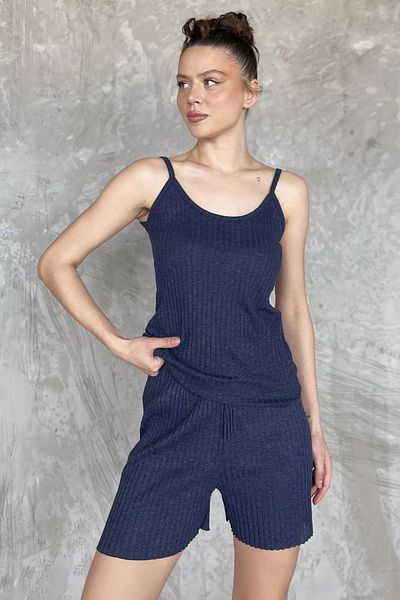 GÜLSELİ Navy Blue Women's Double Suit with Self-Line Patterned Shorts
