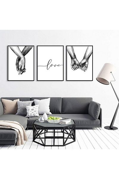 OEM Set of 3 black and white posters, holding hands and love quote, 30 x 40 cm