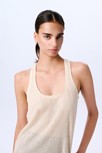 rue Stylish Sequined Strappy Ecru Tank Top