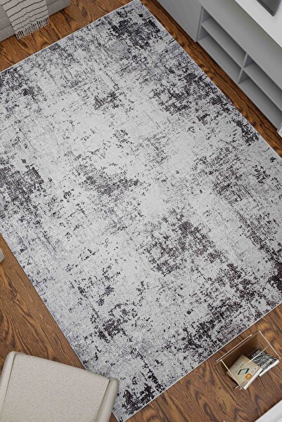Serente Home Modern Patterned Washable Non-Slip Base Chenille Gray Black Living Room Carpet 4138