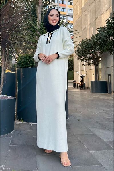KURGAN TEKSTİL Oversize Buttoned V-Neck Ribbed Knitwear Hijab Dress