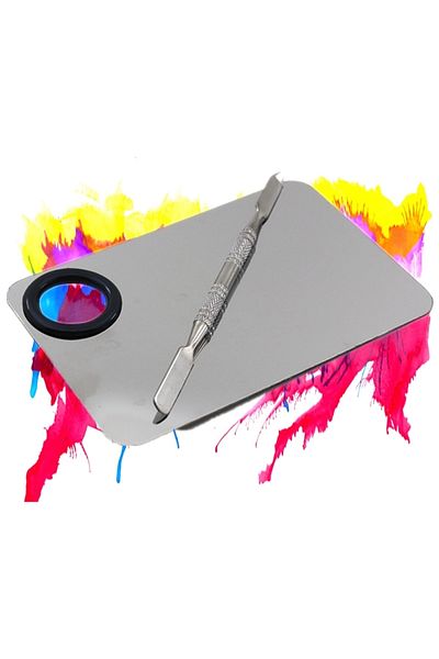 OEM Makeup palette set for mixing cosmetics with spatula, 11.5 x 7.5 cm, stainless steel, silver