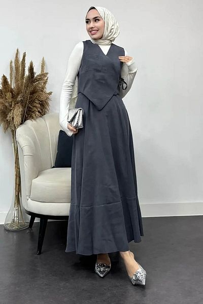 Tesettür Diyarı Tansel Fabric Efil Efil Vest Suit-Anthracite