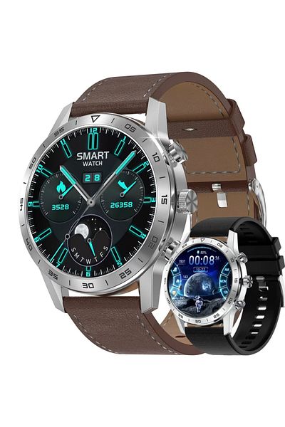 Smart Vibe Smartwatch DT™ WA7CH PLUS 1.45” Infinity AMOLED, Bluetooth Call, Leather and Silicone Strap, Silver