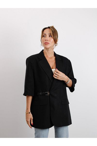 Maldia Shop Women's Double Breasted Collar Belted Black Linen Jacket