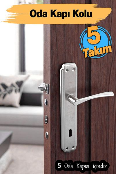 Badem10 Room Door Handle (5 Sets) Inox Mirrored Right Left Suitable Interior Exterior Wood Pvc Metal Steel Gate Handle