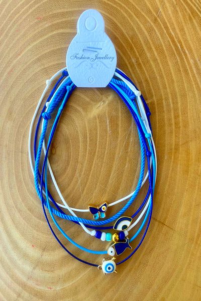 Shepidi 6'Lı Butterfly Fish Turtle Eye Object Blue and Navy Blue Beaded Rope Anklet