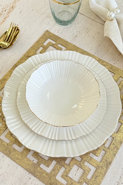 porselenden Aura Gold 24 Parça 6 Kişilik Premium Porselen Özel Misafir Kırık Beyaz Yemek Takımı