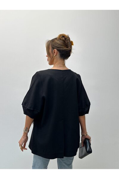 Maldia Shop Γυναικείο λινό μπουφάν με μαύρο μπαλόνι χωρίς επένδυση