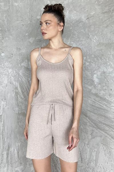GÜLSELİ Beige Women's Double Suit with Self-Line Patterned Shorts