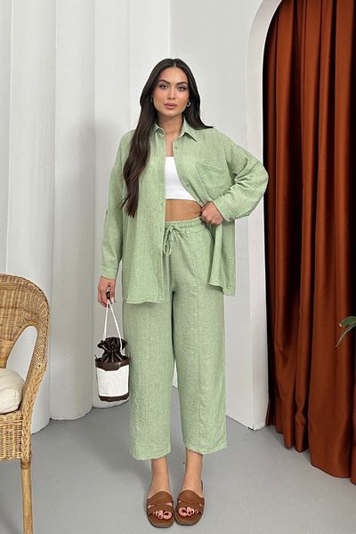 msm fashion Women's Top and Bottom Set Summer Linen Pocket Detailed Trousers Shirt Set of Two