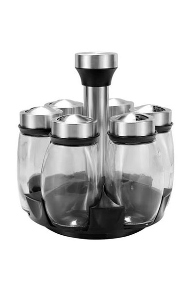 OEM Set of 6 spice containers, stand, 120 ml, steel and glass, black/transparent