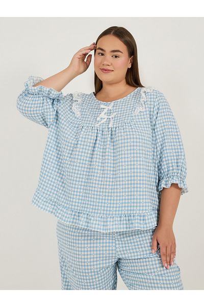 Styli Plus Size Gingham Check Frill Detail Round Neck Top & Pyjama Set