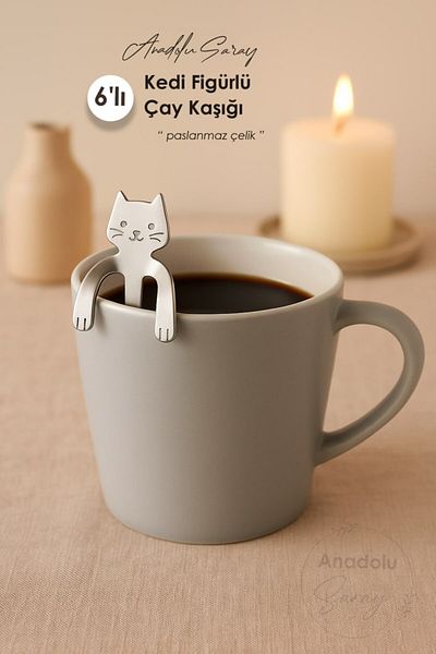 Anadolu Saray Stainless Steel Teaspoon with 6 Cat Figures That Can Be Hanged on the Brim of the Cup, Ideal for Stylish Presentation