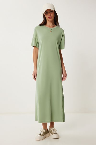 Lovelyİstanbul Oversize Basic Summer Knitted Dress Green Lub0082