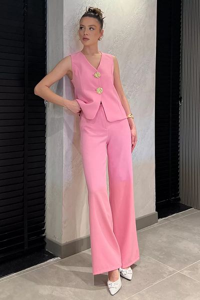 GÜLSELİ Pink Button Detailed Vest Trousers Double Set
