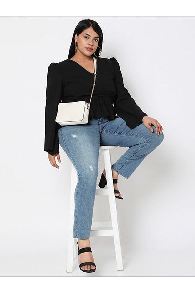 Mish By Styli Solid V Neck Long Sleeve Top with Tie-Up Detail