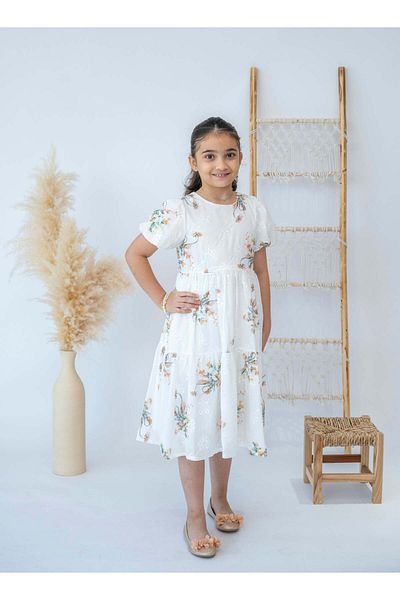 Stayele Girls Elegant Floral Embroidered Midi Dress