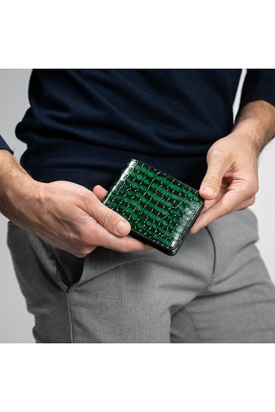 GT Collection , Men's Croc-Print Wallet - Green Genuine Leather Size: 11cm x 8.8cm x 0.9cm