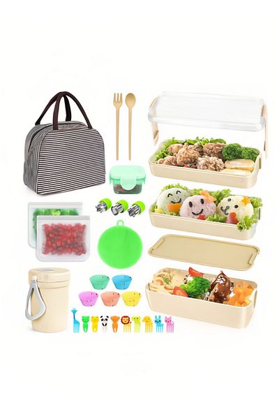 COOYA 27 Pcs Lunch Box Kit,Stackable 3-in-1 Compartment Japanese Lunch Box Set,with Accessories