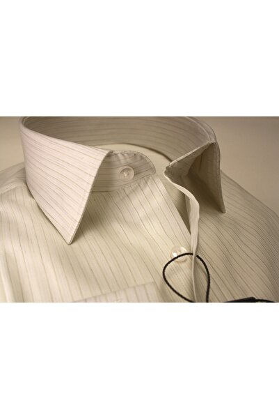 Chamis RegularFit Kırık Beyaz Saten Altın Çizgili Klasik Yaka Gömlek