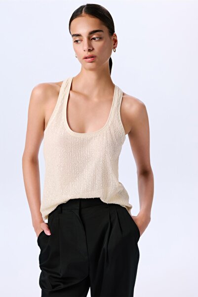 rue Stylish Sequined Strappy Ecru Tank Top