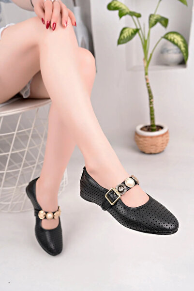 NOVİNS Women's Black Perforated Daily Ballerina Buckle Adjustable Lightweight Comfortable Shoes Ballerinas
