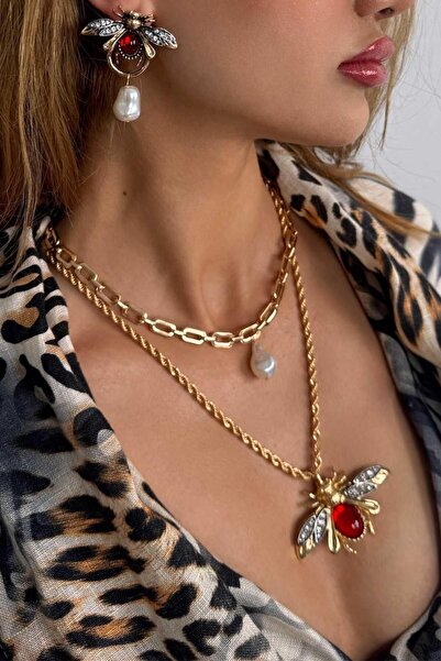 bijoux uniques قلادة مزدوجة من الفولاذ مع النحل واللؤلؤ