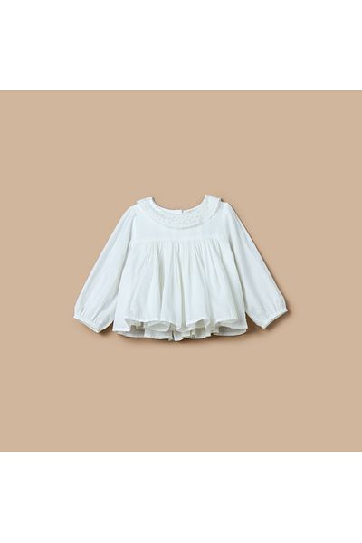 giggles Solid A-Line Top With Schiffli Detail Collar And Long Sleeves